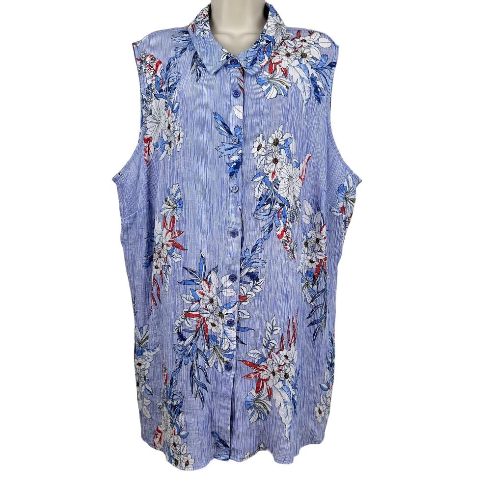 Catherines Floral Blouse Top Sleeveless Button Front Collared Crinkled Blue 3X